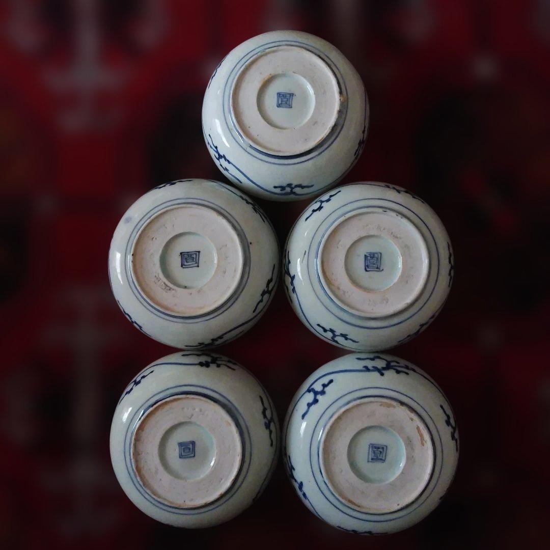 古伊万里 染付 蛸唐草文皿 五客 なます皿 くらわんか 筒江窯 アンティーク