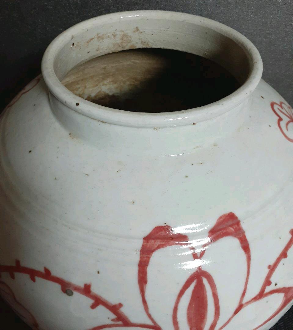 【名品大作】朝鮮古美術　朝鮮古陶磁器　古玩　李朝　辰砂　蓮花図　提灯大壺　【迫力