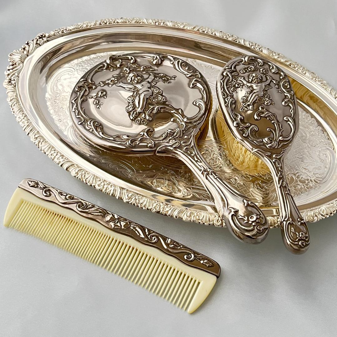 【天使と薔薇】 ロココのミラー/ブラシ/コーム【シルバープレート】 手鏡