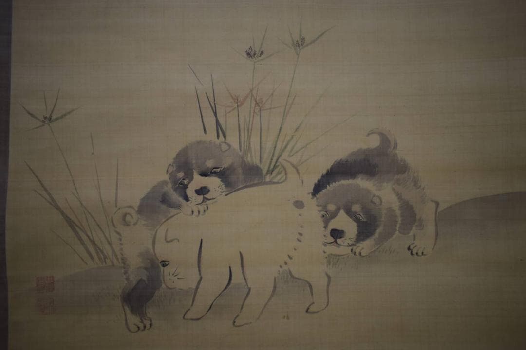 不詳/作者不詳/仔犬図/子犬図/干支図/布袋屋掛軸HJ-10