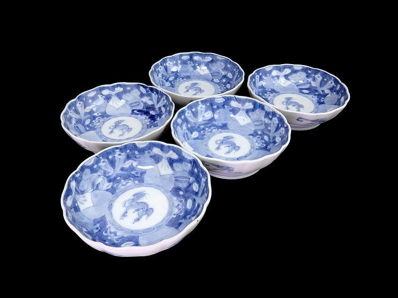 古伊万里　染付　巾着に宝尽くし　麒麟の図　膾皿　５客　129AS-CVv