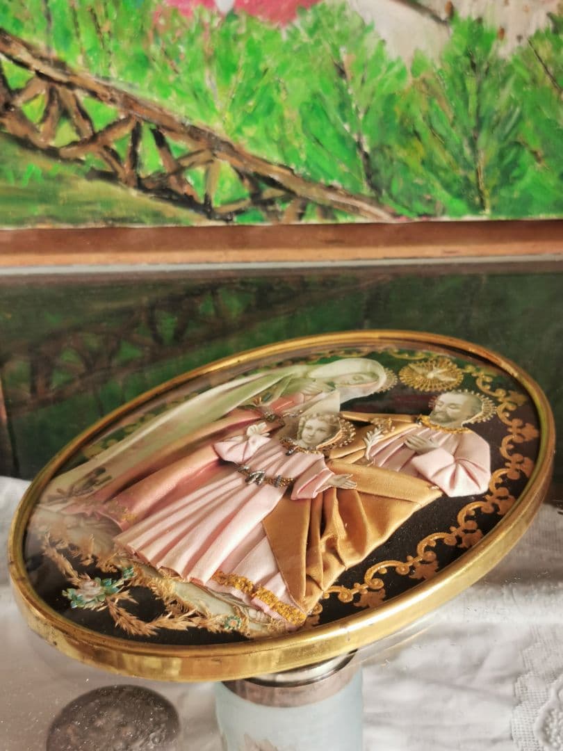 アンティークベルギー 聖家族の布肖像イコン ドーム ボンベガラス マリア イエス