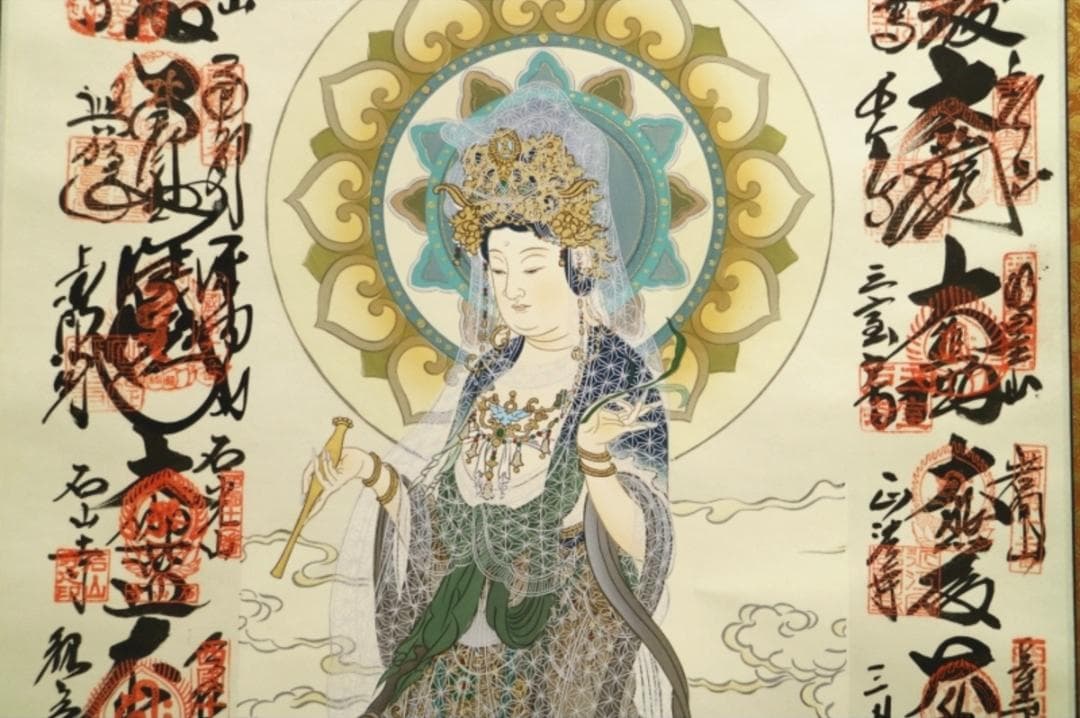 掛軸『西国三十三箇所霊場巡礼満願御朱印集印譜』絹本 共箱 掛け軸 x190919