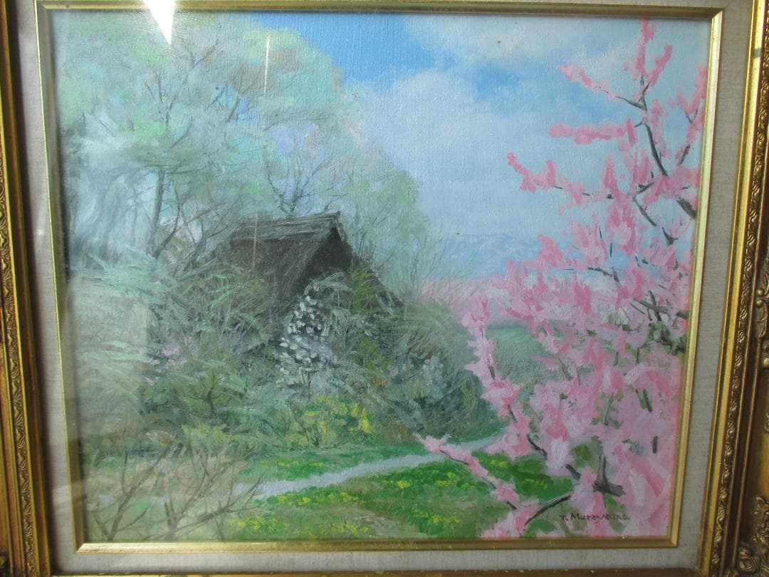 村山孝夫◎桃の花　春　信州◎茅葺屋根油彩原画ふるさとの風景