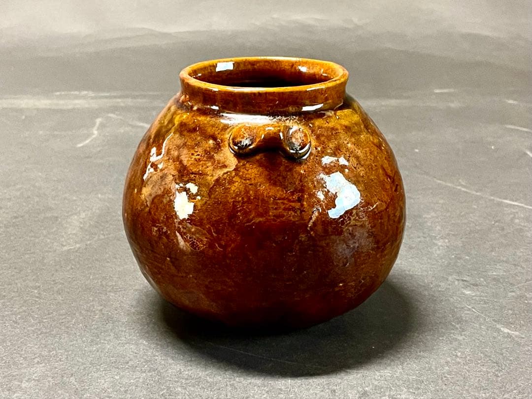 「母」 大樋焼 双耳 飴釉 古壺 時代箱 古窯 （225A③）❗️割引