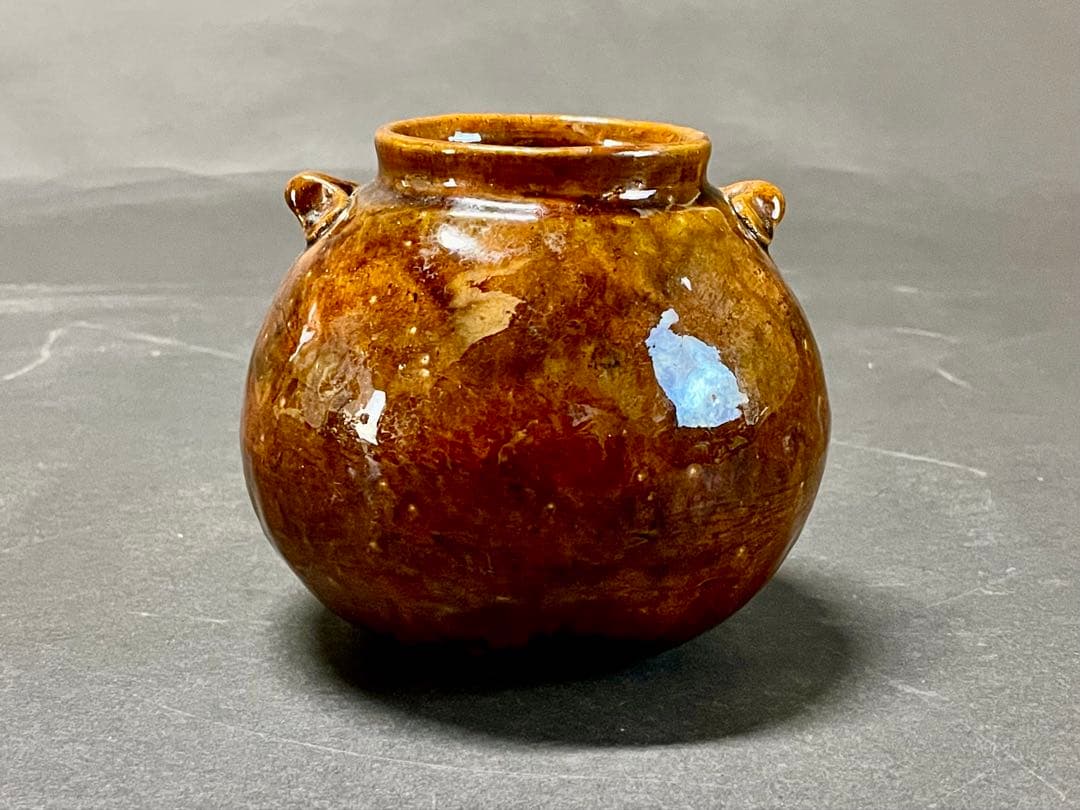 「母」 大樋焼 双耳 飴釉 古壺 時代箱 古窯 （225A③）❗️割引