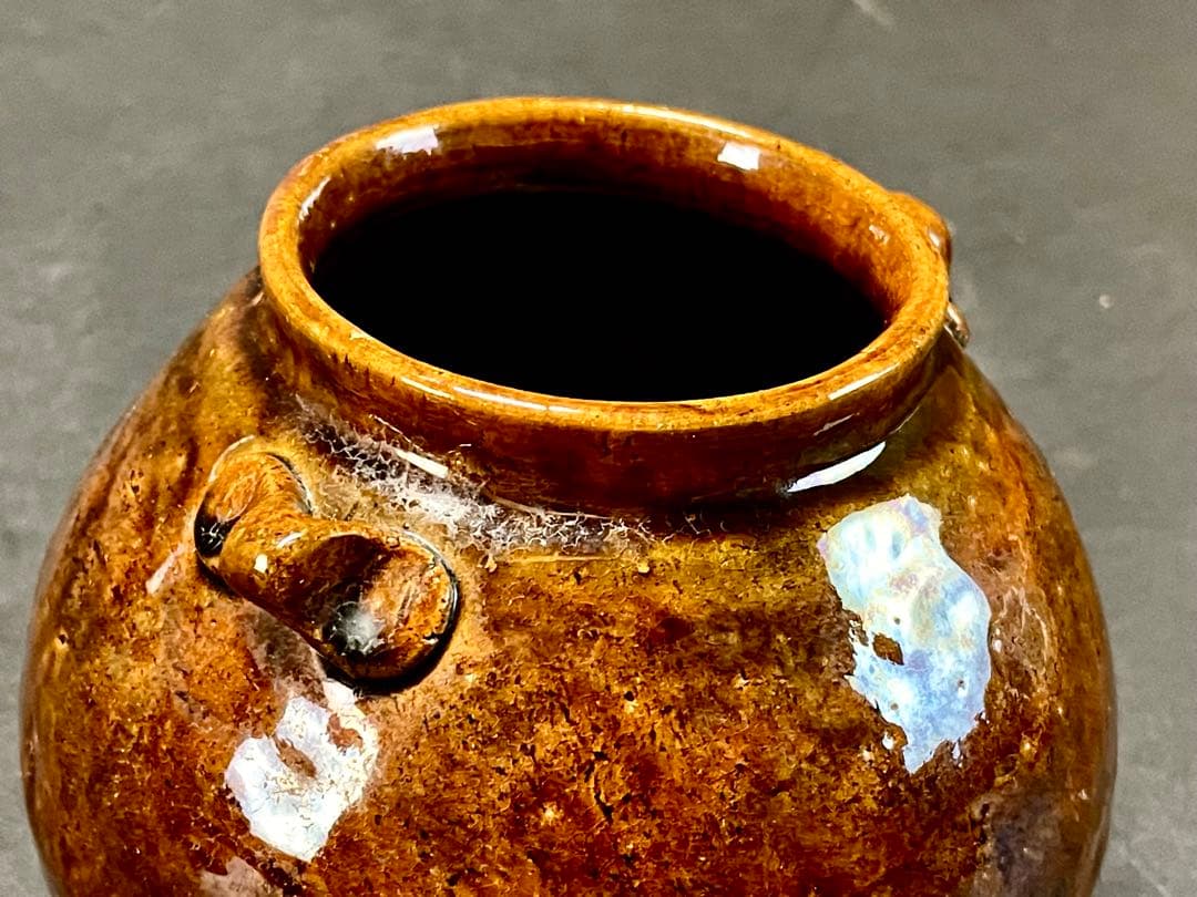 「母」 大樋焼 双耳 飴釉 古壺 時代箱 古窯 （225A③）❗️割引