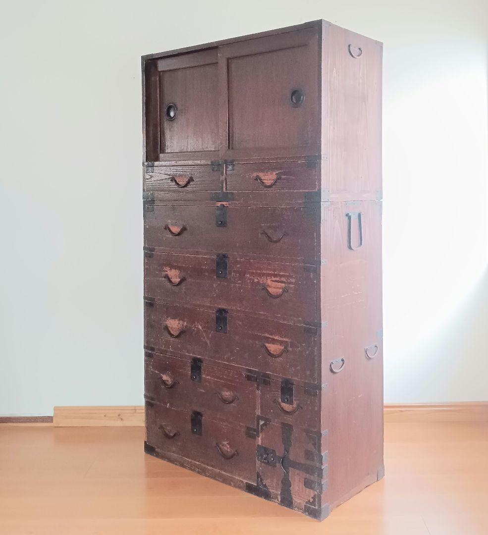 幕末〜明治初期頃　帳場箪笥 商家用／鉄金具多数／書き印あり