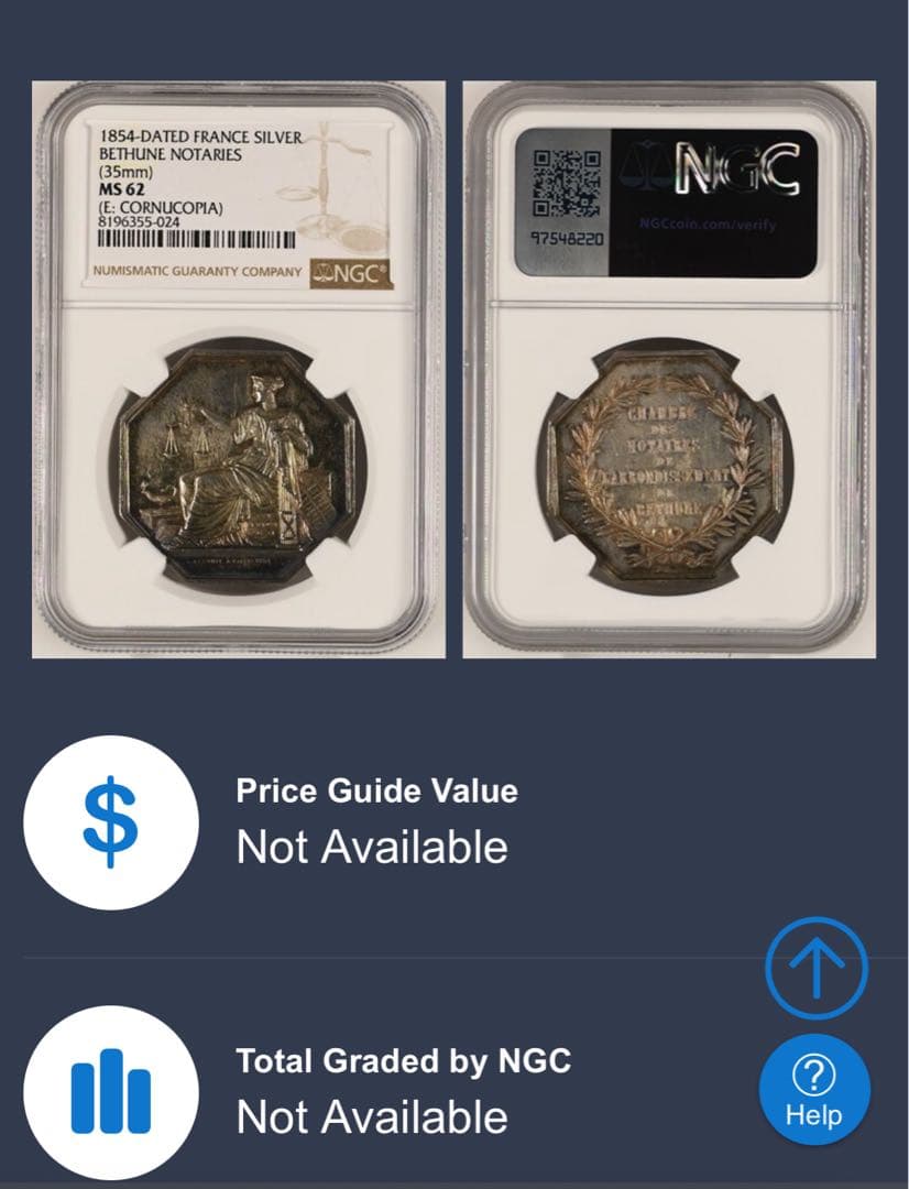【超希少 煌トーン NGC MS62】 フランス 1854 ジェトン銀貨 公証人