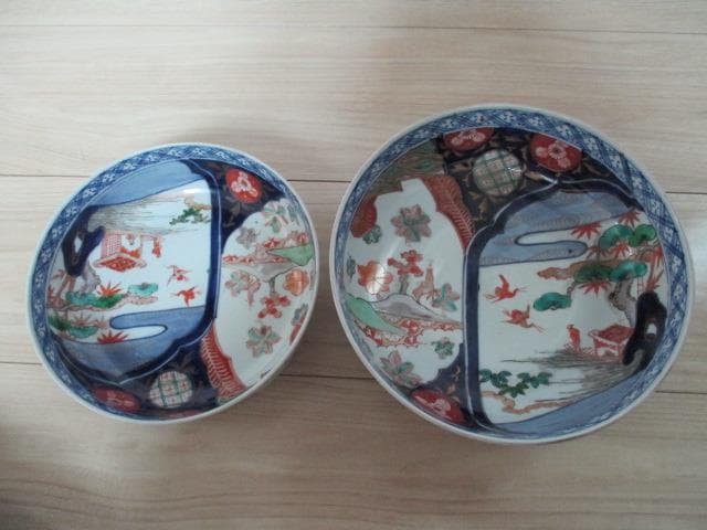 古伊万里　江戸幕末～明治期頃　染錦　鹿鶴文　三つ鉢