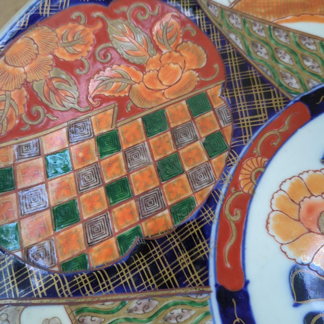 骨董 伊万里 直径45.7cm 大皿 染め錦 飾り皿 盛り皿 明治時代