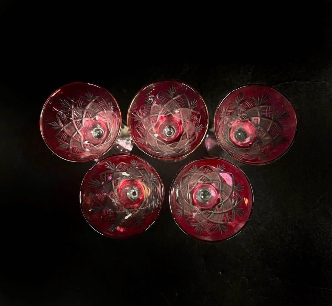 『衿』江戸切子 金赤 ワイングラス 5客 酒杯 酒器 硝子工芸 （鈴10）