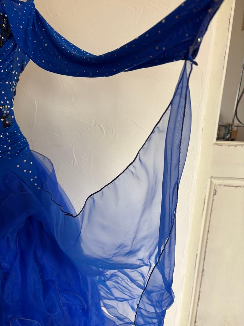 社交ダンスドレス 青 オフショルダー