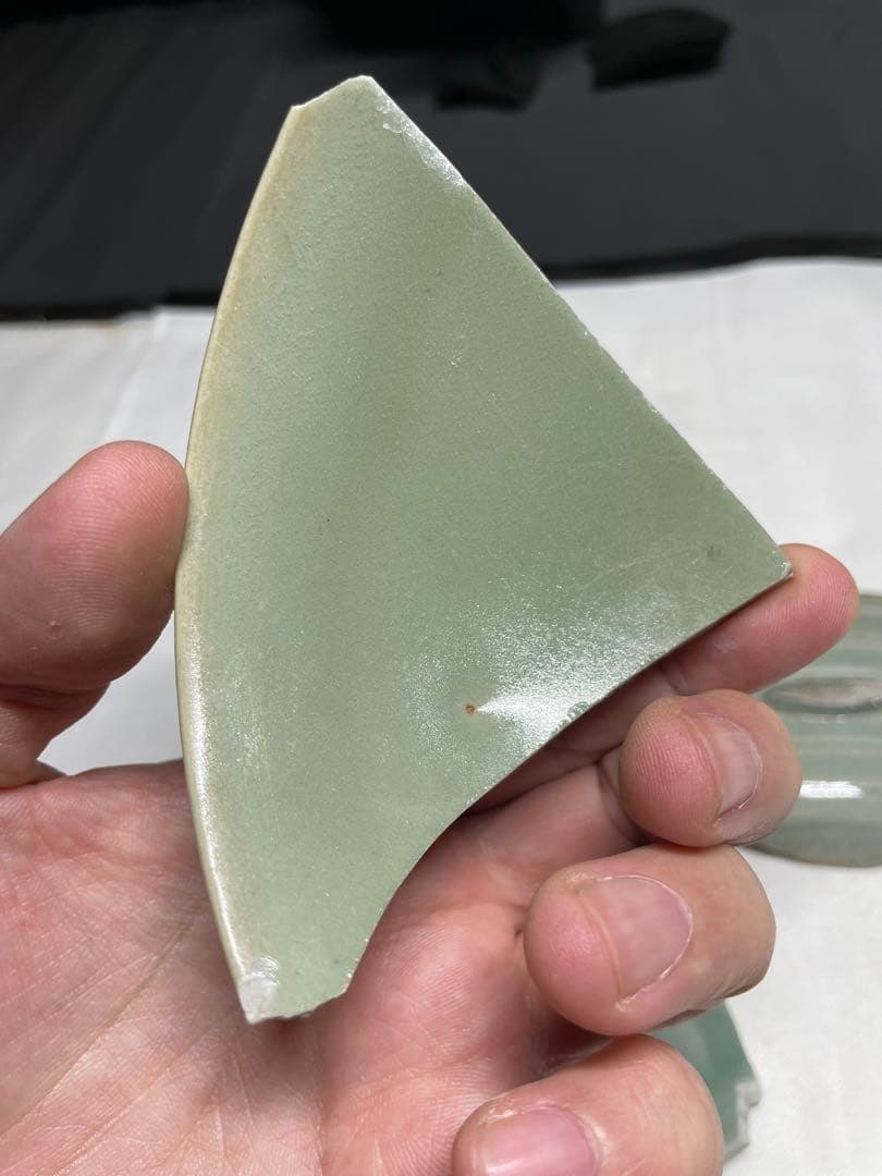 青磁。龍泉青磁。標本。骨董品。殘片4本。陶片（古美術）。宋時代