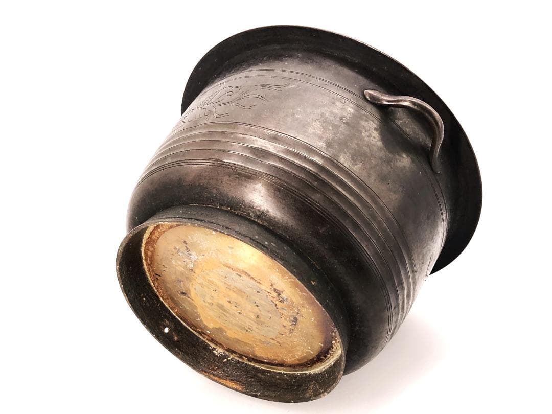 【 銅彫金手付香炉 25cm 】　貝藻文刻　清朝　中華古玩　　L1229A