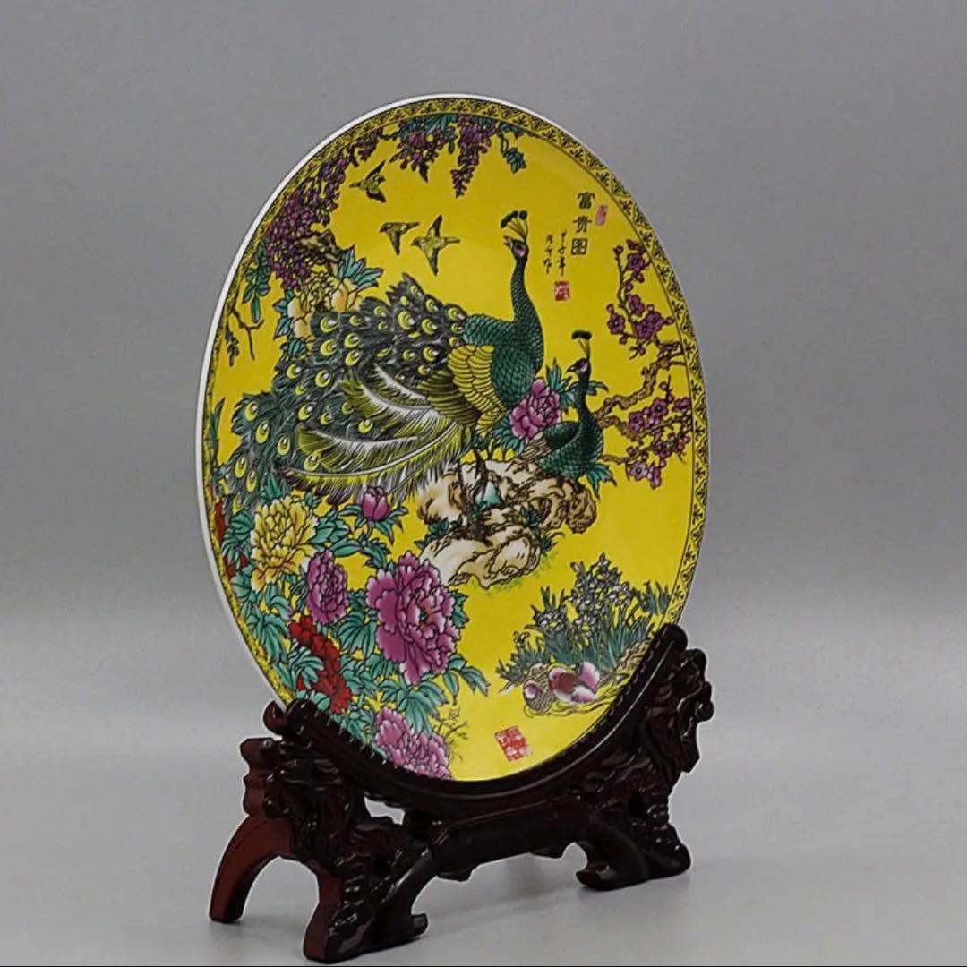 中国骨董　大清王朝　景徳鎮製宮廷御用達富貴図大皿　皿立て付き　縁起物