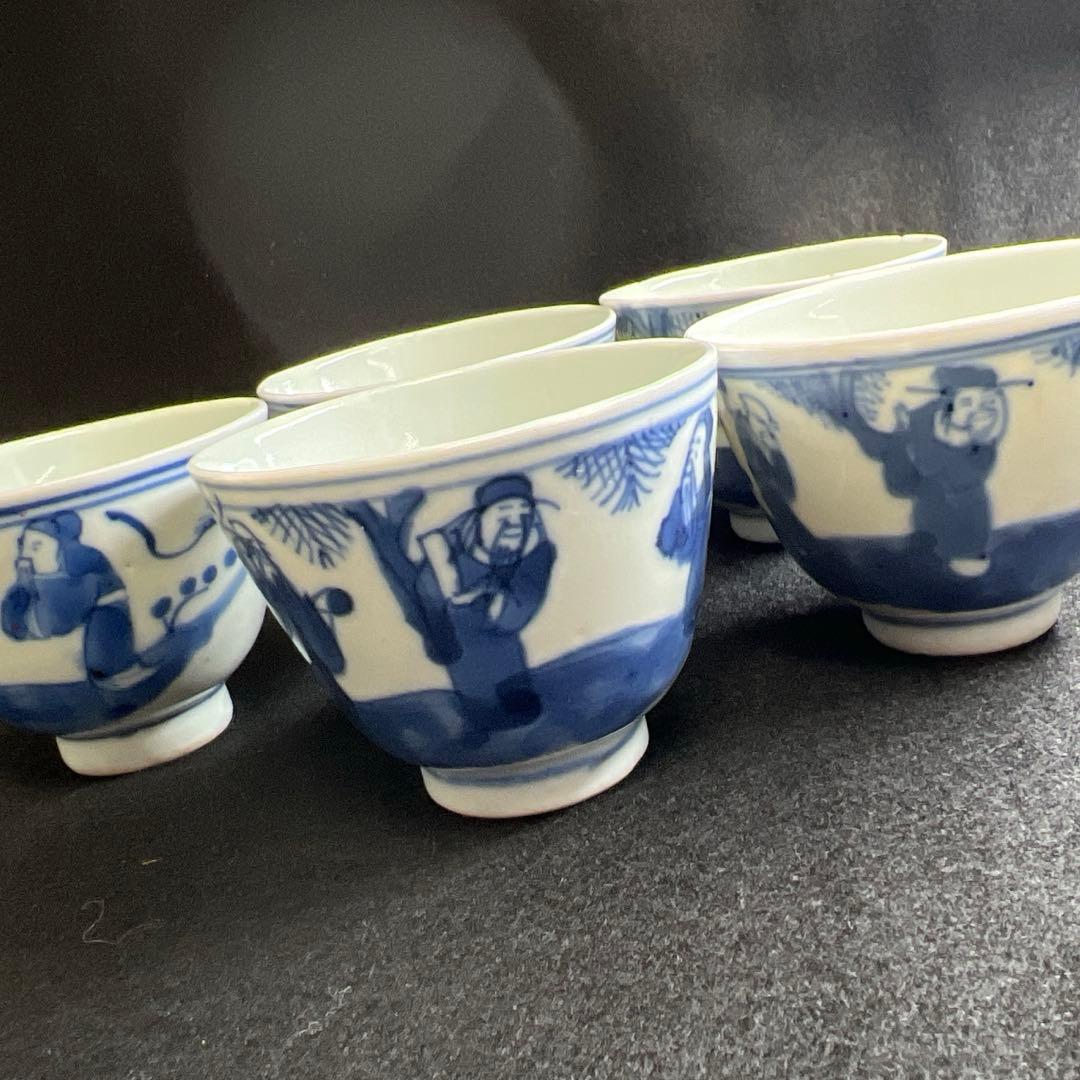 中国清時代　青花人物画煎茶碗5客　口径約7㎝　東Y8-0205☆2Fトヒカ