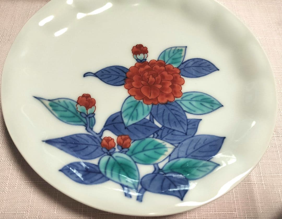 十三代今泉今右衛門　13代人間国宝の錦雪椿絵　銘々皿 5枚 木箱入り