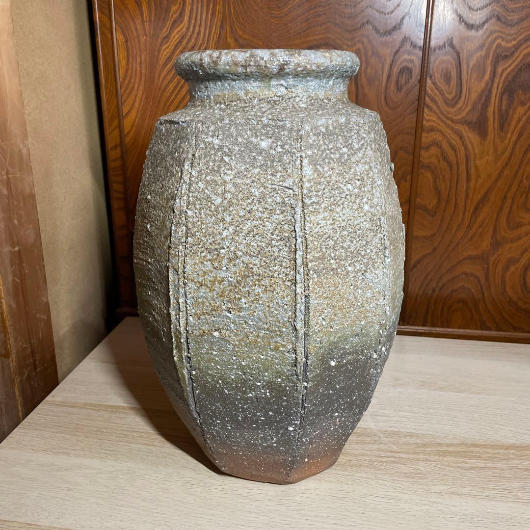 特大優品　人気陶芸家　神山清子　信楽自然釉面取花入　共箱