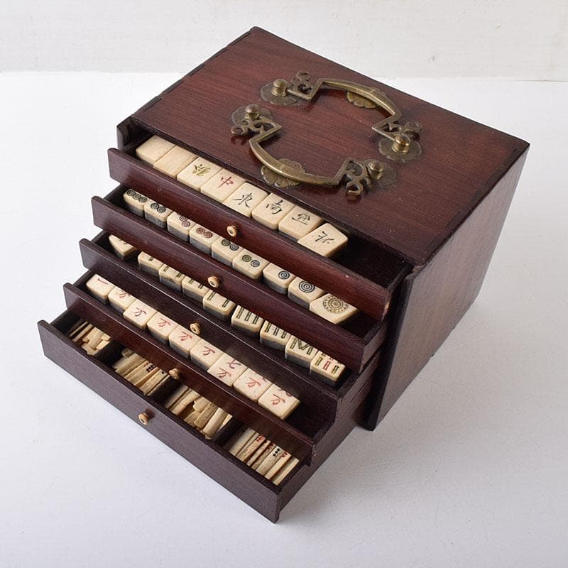 中国　竹嵌　骨牌　背竹牌　麻雀牌　唐木箱付　M　8054