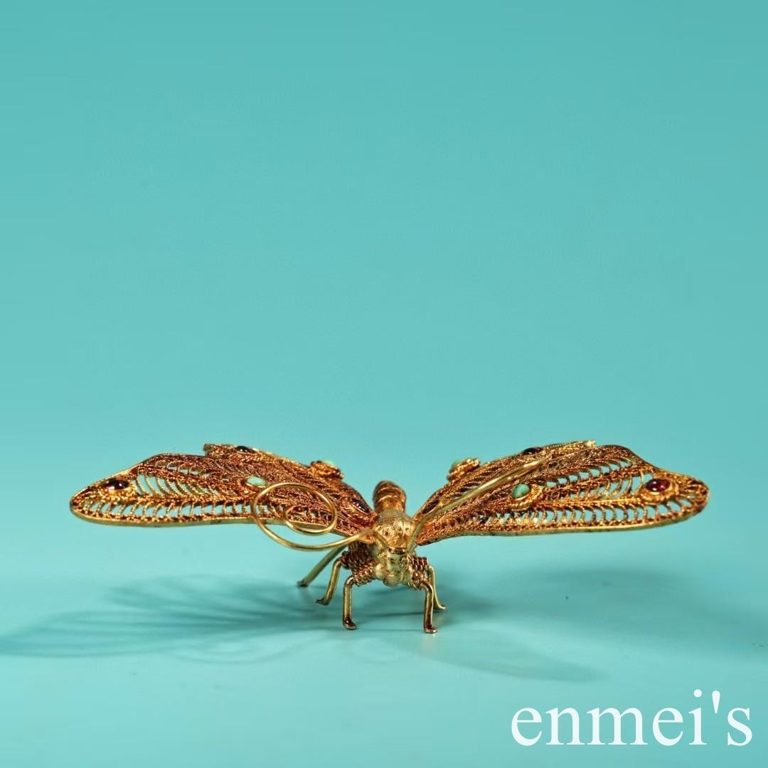 中国古美術・旧蔵掐絲工芸鎏金宝石を嵌め込んだ蝶・純銅制・茶道具・装飾品・案頭