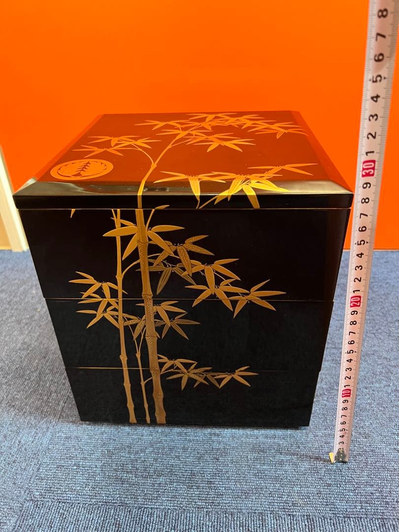 937 黒漆塗り沈金重箱　金蒔絵　竹　3重　高級　美品