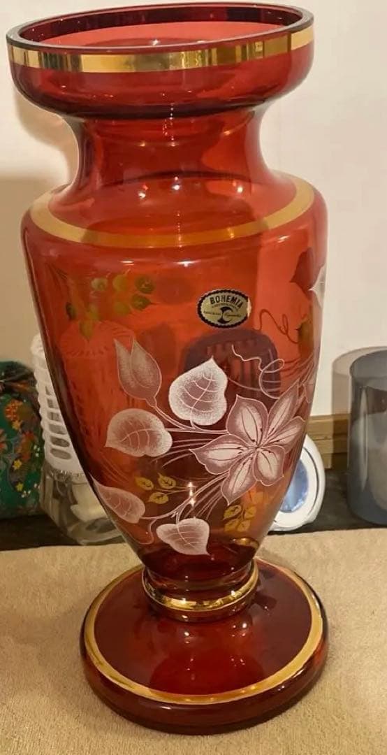 未使用BOHEMIA ◆【花器】ボヘミア/手描き フラワーベースボルドー