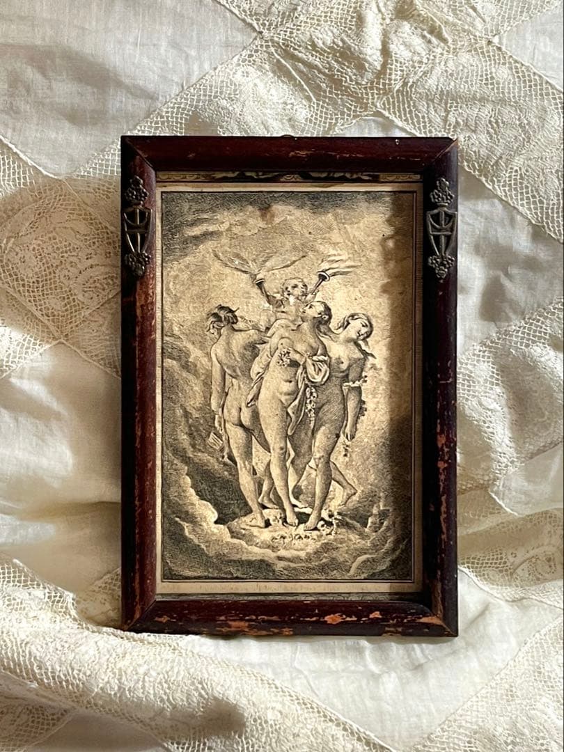 ◆フランスアンティーク｜1700年代名画三美神版画天使エンジェルヴィーナス木製