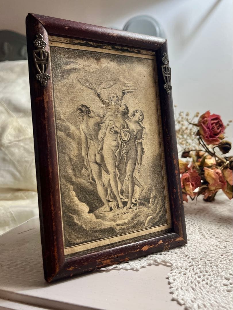 ◆フランスアンティーク｜1700年代名画三美神版画天使エンジェルヴィーナス木製