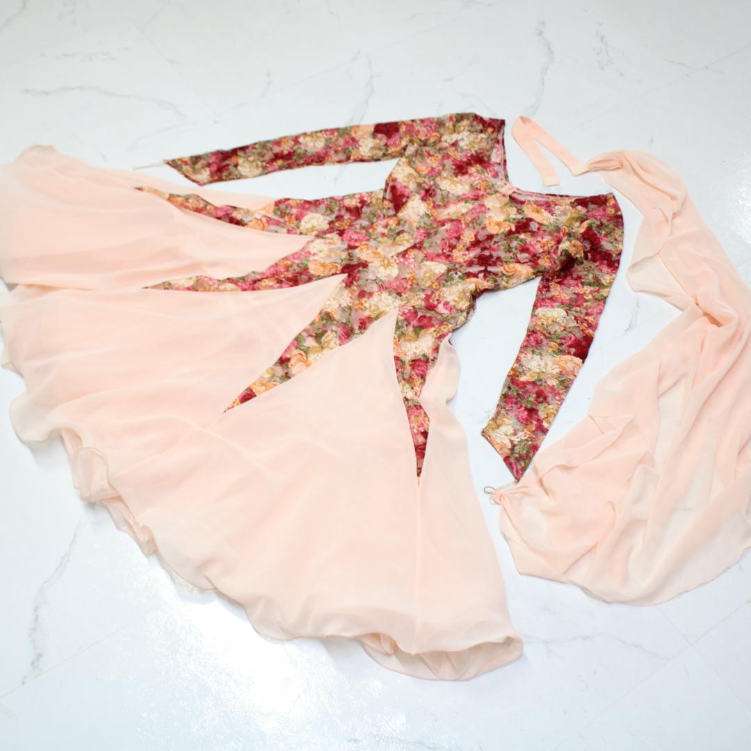 【社交ダンス衣装】ピンク パープル ワンピース ドレス レース チョーカー 花柄