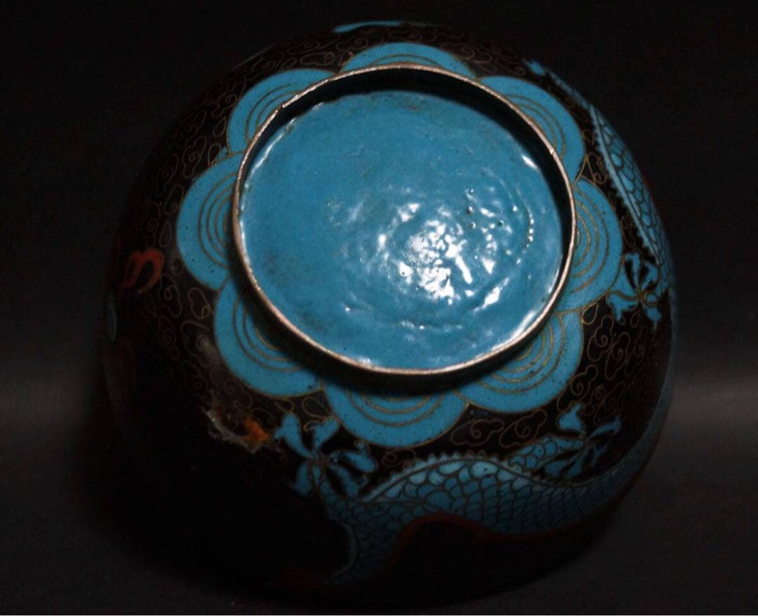 明治期 銅製 七宝焼 金彩色絵『龍戯珠文』茶碗 抹茶碗 茶道具☆時代物☆