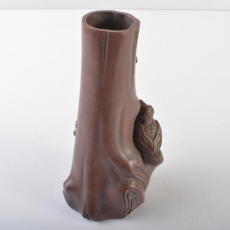 中国　紫砂　朱泥　梅に鳥彫　花瓶　在銘　V　R6449