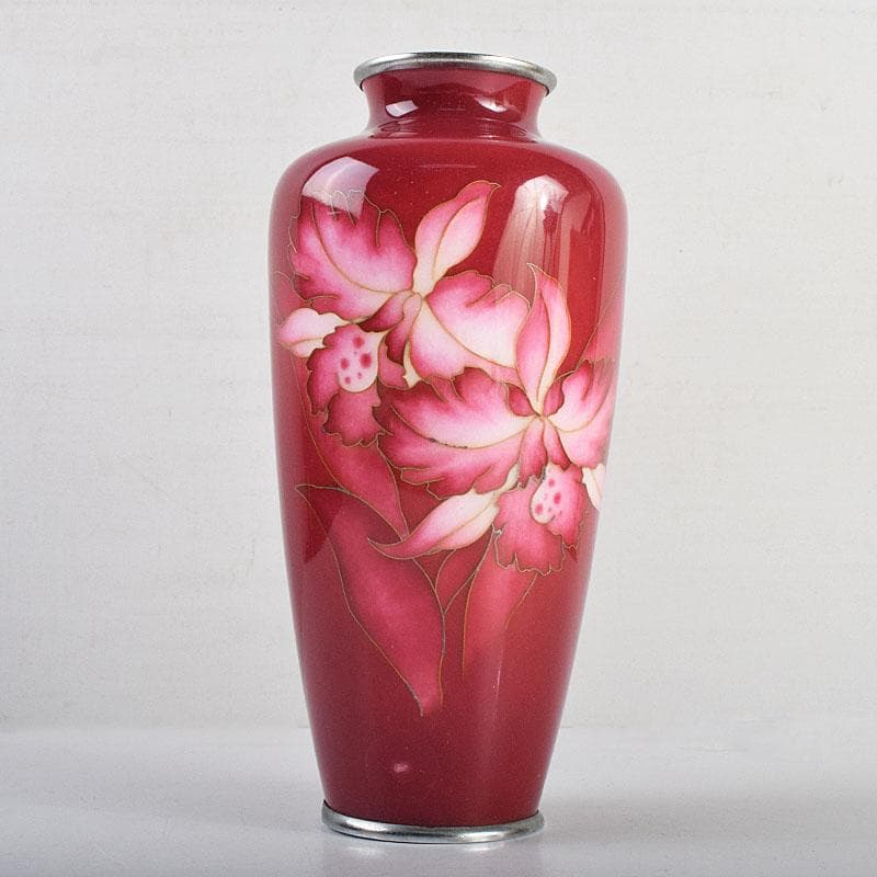 七宝焼　田村七宝工芸　カトレア文　花瓶　共箱　V　R9421