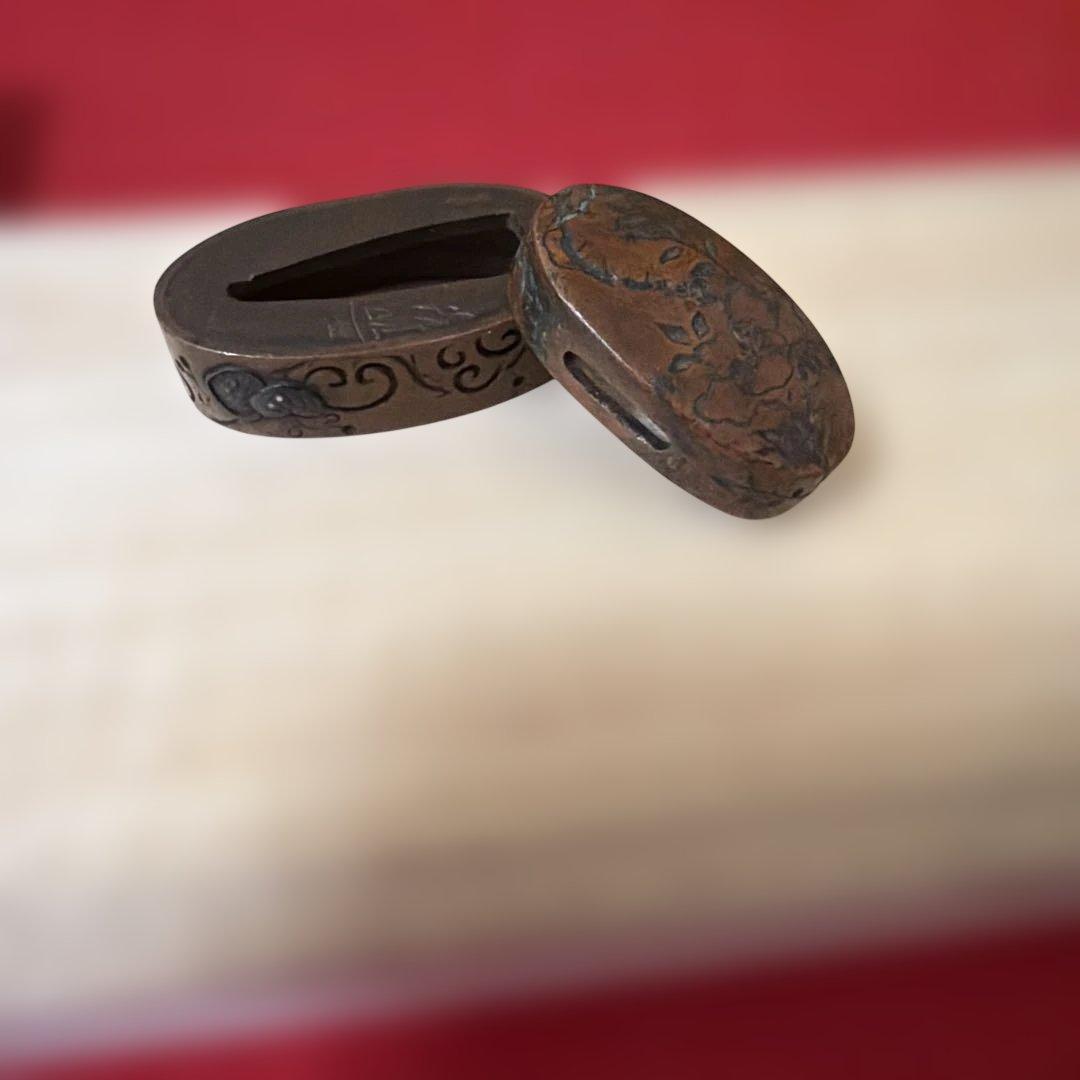 古美術　骨董品　縁頭　正阿弥　在銘　古赤銅地花彫