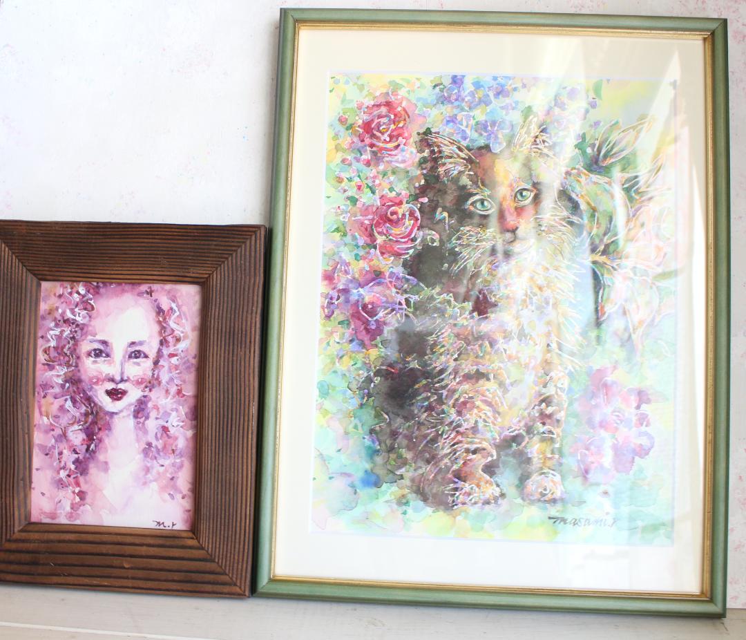 猫の絵 水彩画 原画 額付き「花の香り」F4
