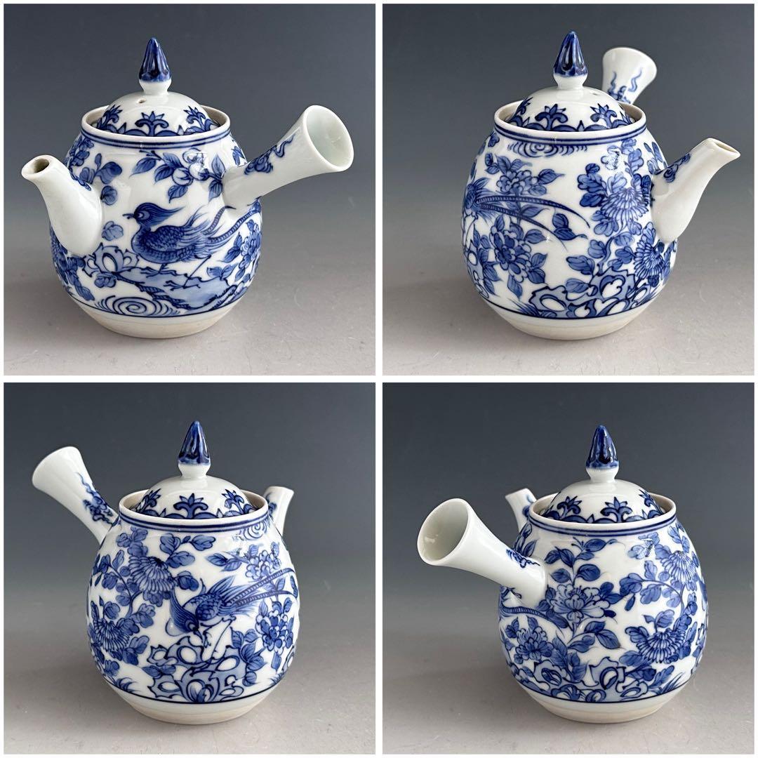 煎茶道具　染付　青華花弁瑞鳥紋　茶瓶　急須　三浦篤　二代三浦竹軒　共箱　茶器