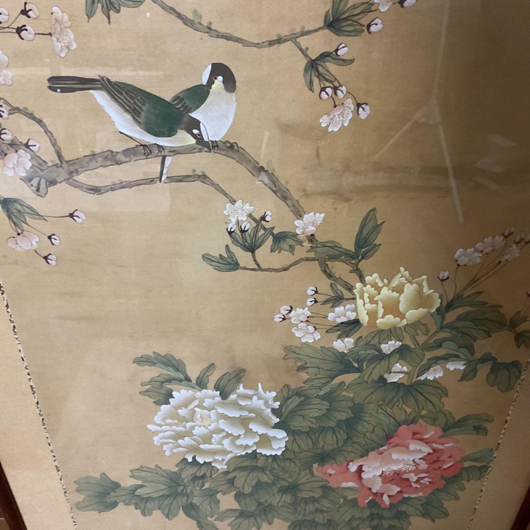 中国画 花鳥図 木枠扁額 【 牡丹に小禽図 】 落款名無 作者不詳