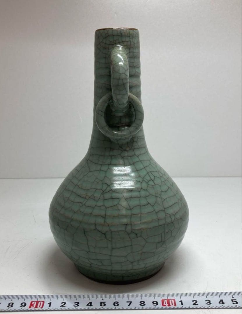 中国古窯哥窯青磁環付花入　口3.5cm 高21.3cm