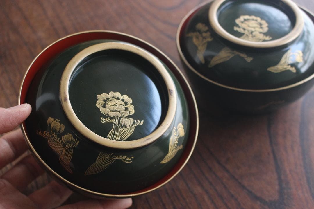 小傷有！時代青塗りに優美な福寿草沈金の煮物椀2点（検輪島塗蒔絵椀沈金椀雑煮椀