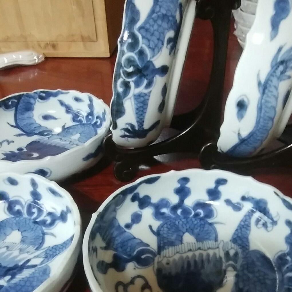 120  古伊万里　染付　龍文様　稜花形　膾皿　5客