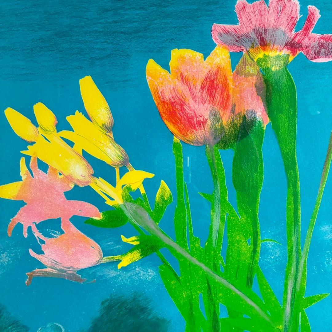 美品 ポール・ギヤマン「青い背景の花々」リトグラフ 大作 直筆サイン入 古径額