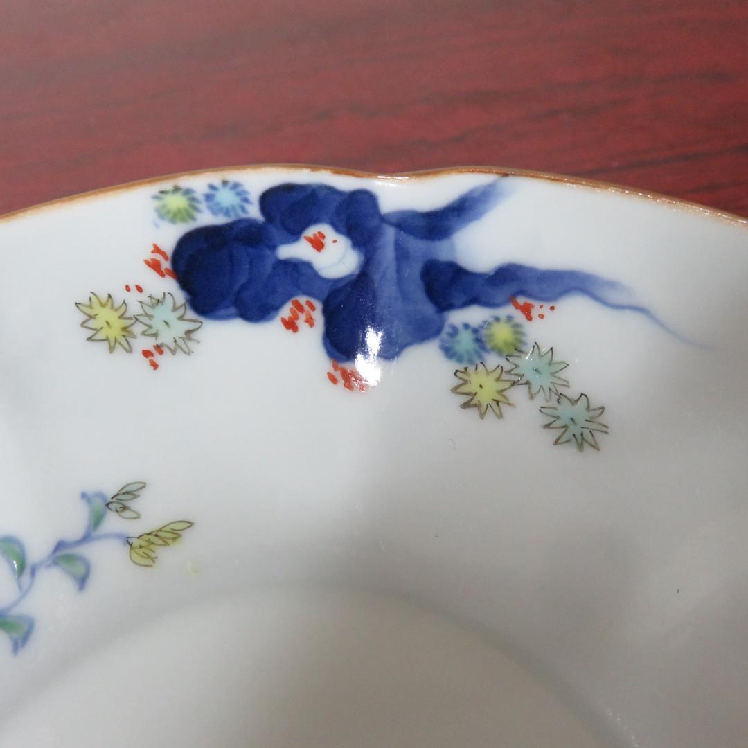 小皿 3枚 梅文様 花弁縁 染付 色絵付 茶縁 南州 明治 大正