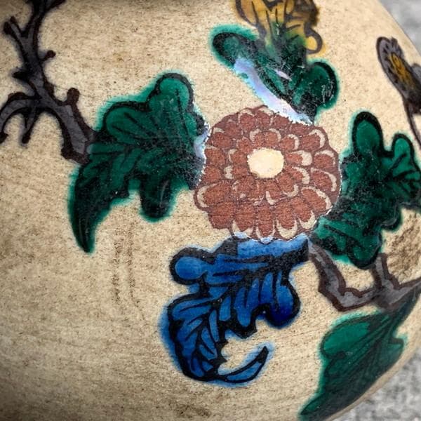 九谷焼青手角福菊に小鳥図油壺 [B28383]