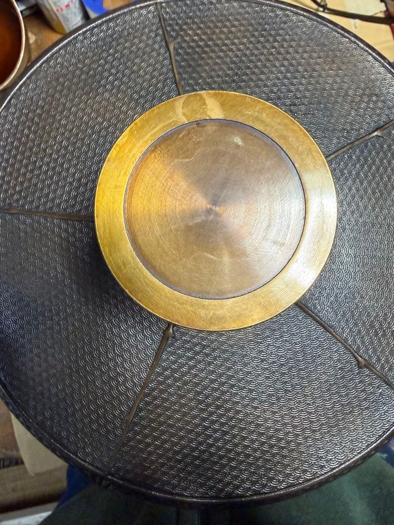 高岡銅器　米田陵山　薄端　楼閣山水図　龍耳獣足　ビンテージ