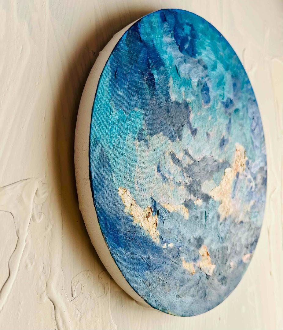 直径25㎝「朝の空　2025-2」油彩・絵画・原画・丸形・アートパネル