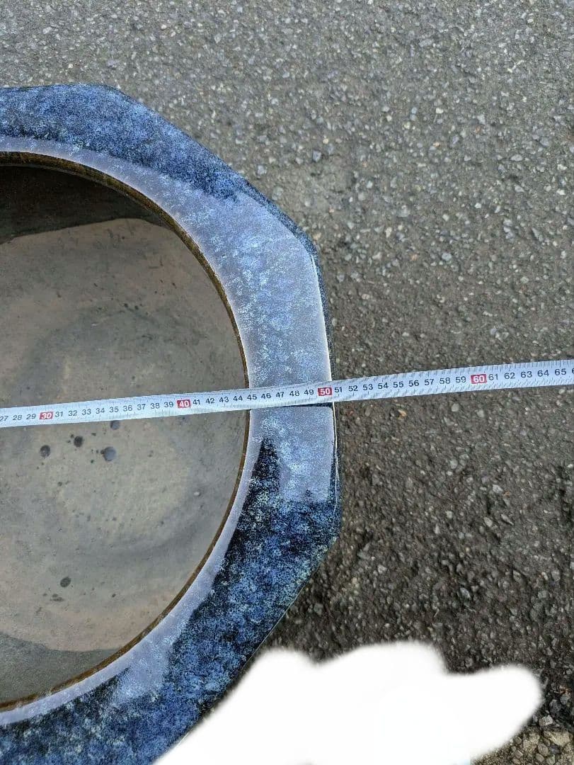 火鉢　青色八角形火鉢 陶器製　特大火鉢　大型火鉢昭和レトロアンテーク睡蓮鉢　水草