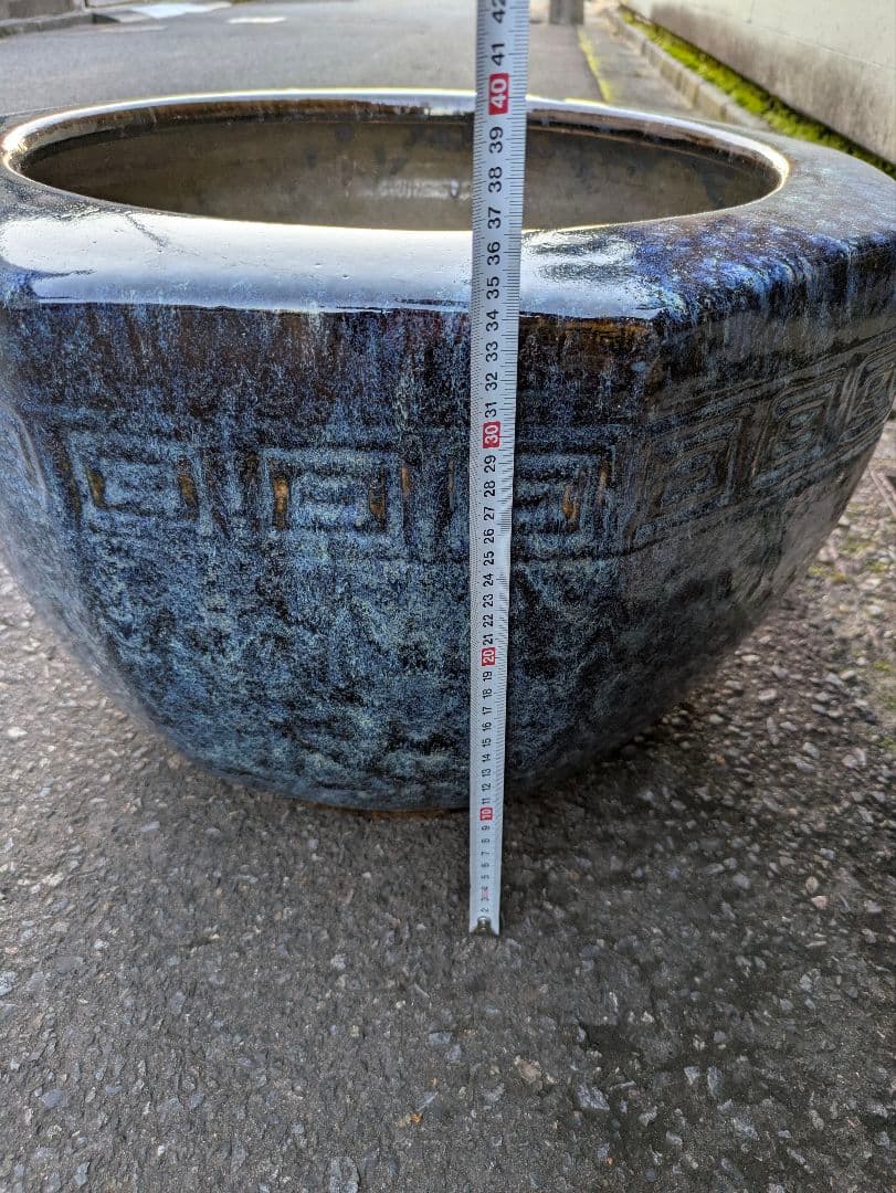 火鉢　青色八角形火鉢 陶器製　特大火鉢　大型火鉢昭和レトロアンテーク睡蓮鉢　水草