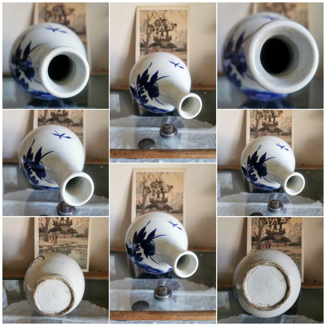 和骨董 古伊万里藍染付け 32㎝大特利 ニ升瓶 白磁 牡丹 菖蒲 蓮 蜉蝣 蟋蟀