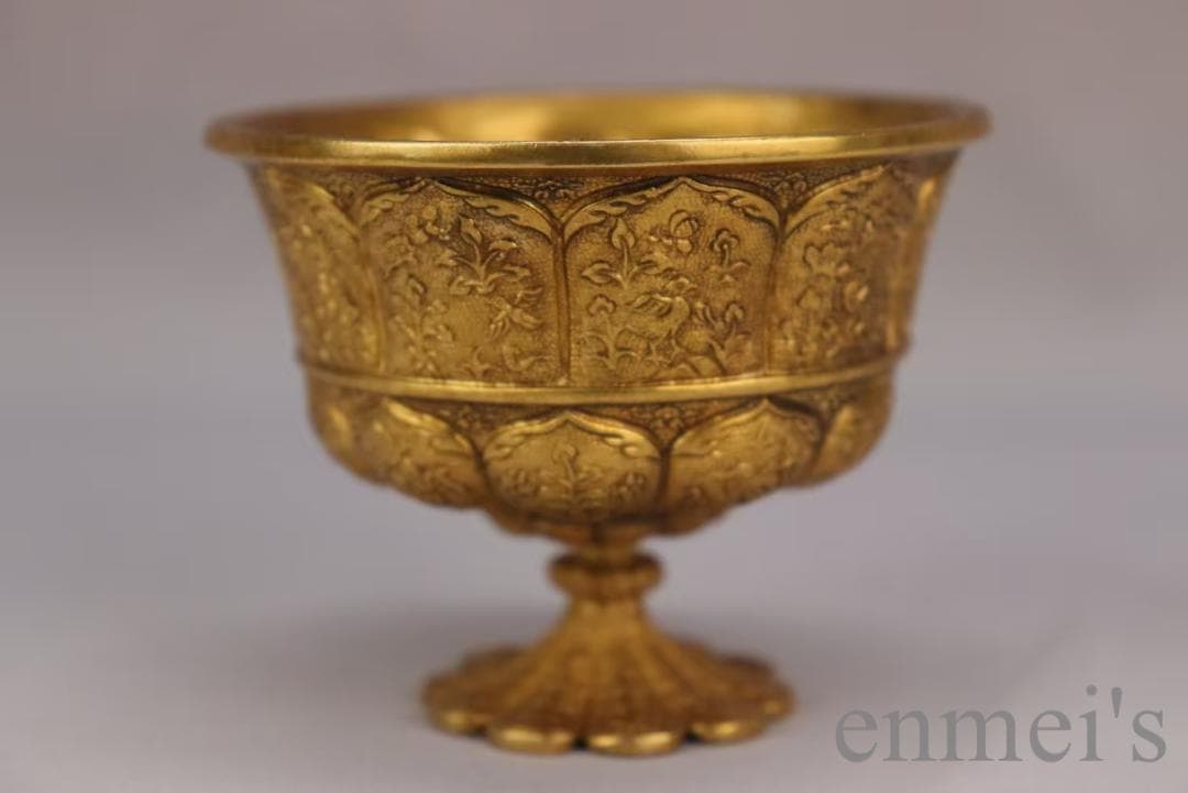 中国古美術 旧蔵 清代 鍍金銅酒杯 精銅製 純手作り 小盃 鍍金装飾 文房雅品
