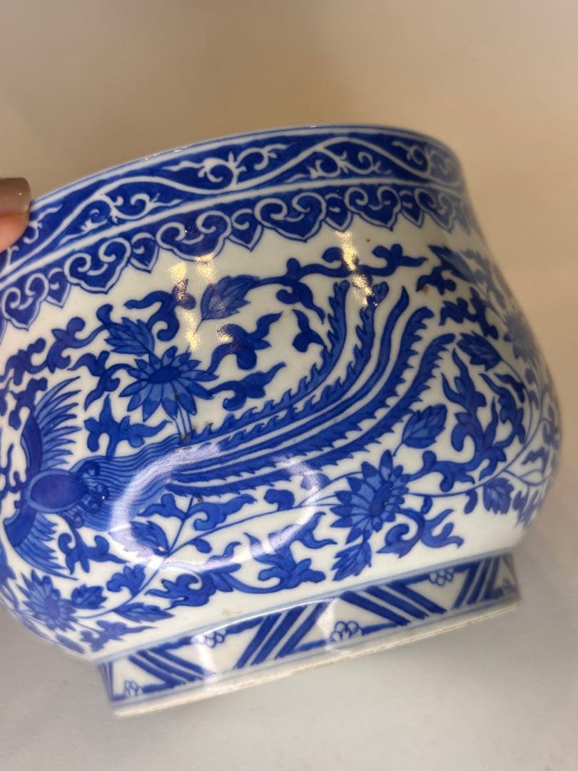 大清道光年製 底款　青花染付　鳳凰文　小缸　中国古美術